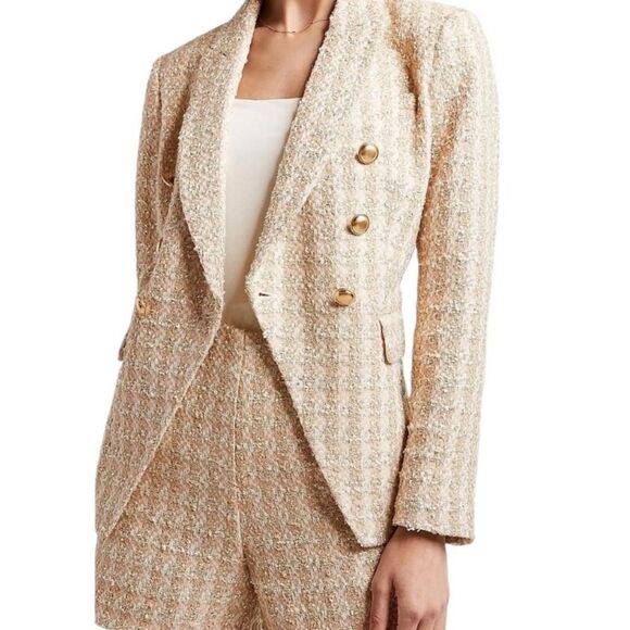 Express Cream Gold Metallic Double Breasted Tweed Blazer | S - Picture 2 of 11